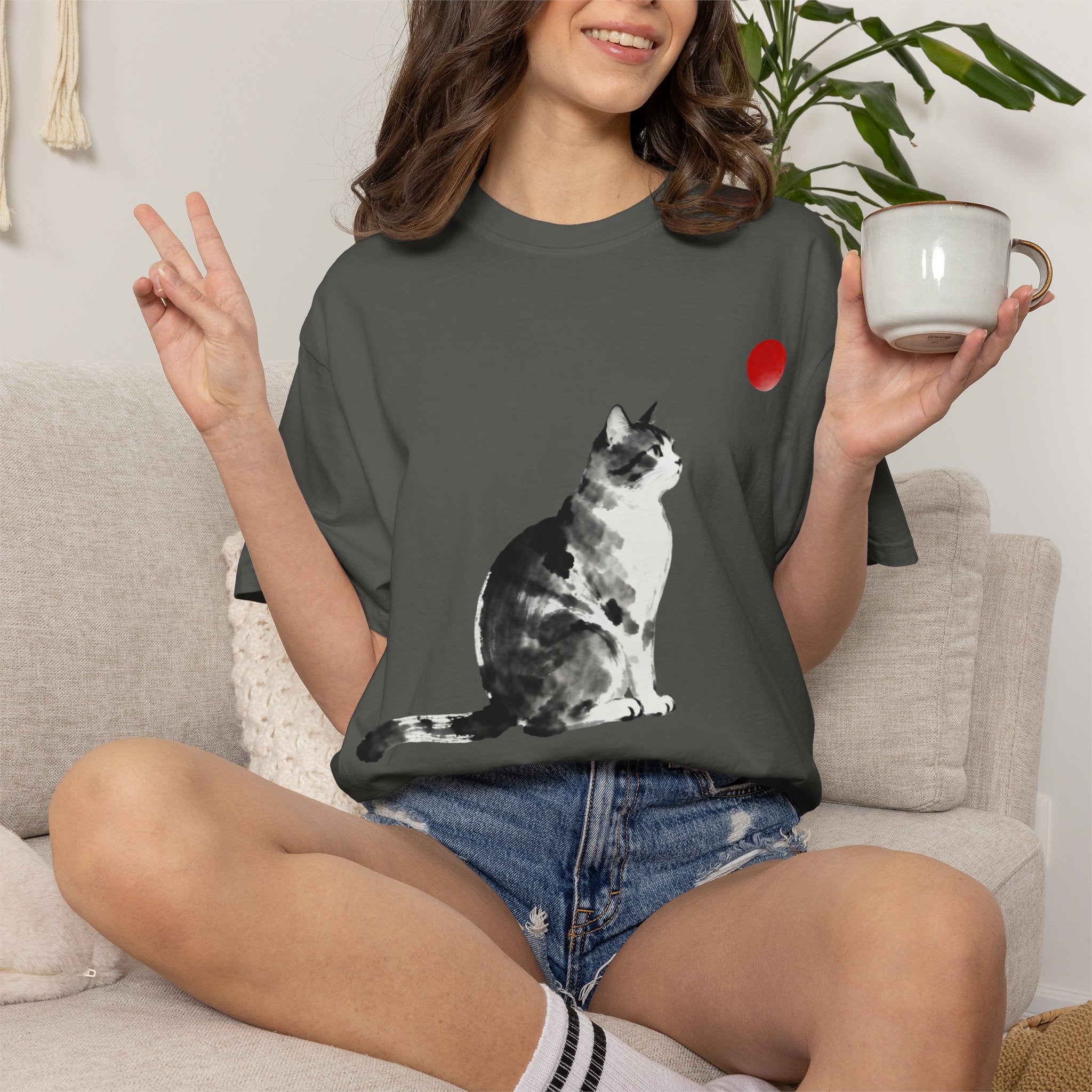 Sumi-e Tabby Cat T-Shirt — Minimalist Japanese Ink Wash Design
