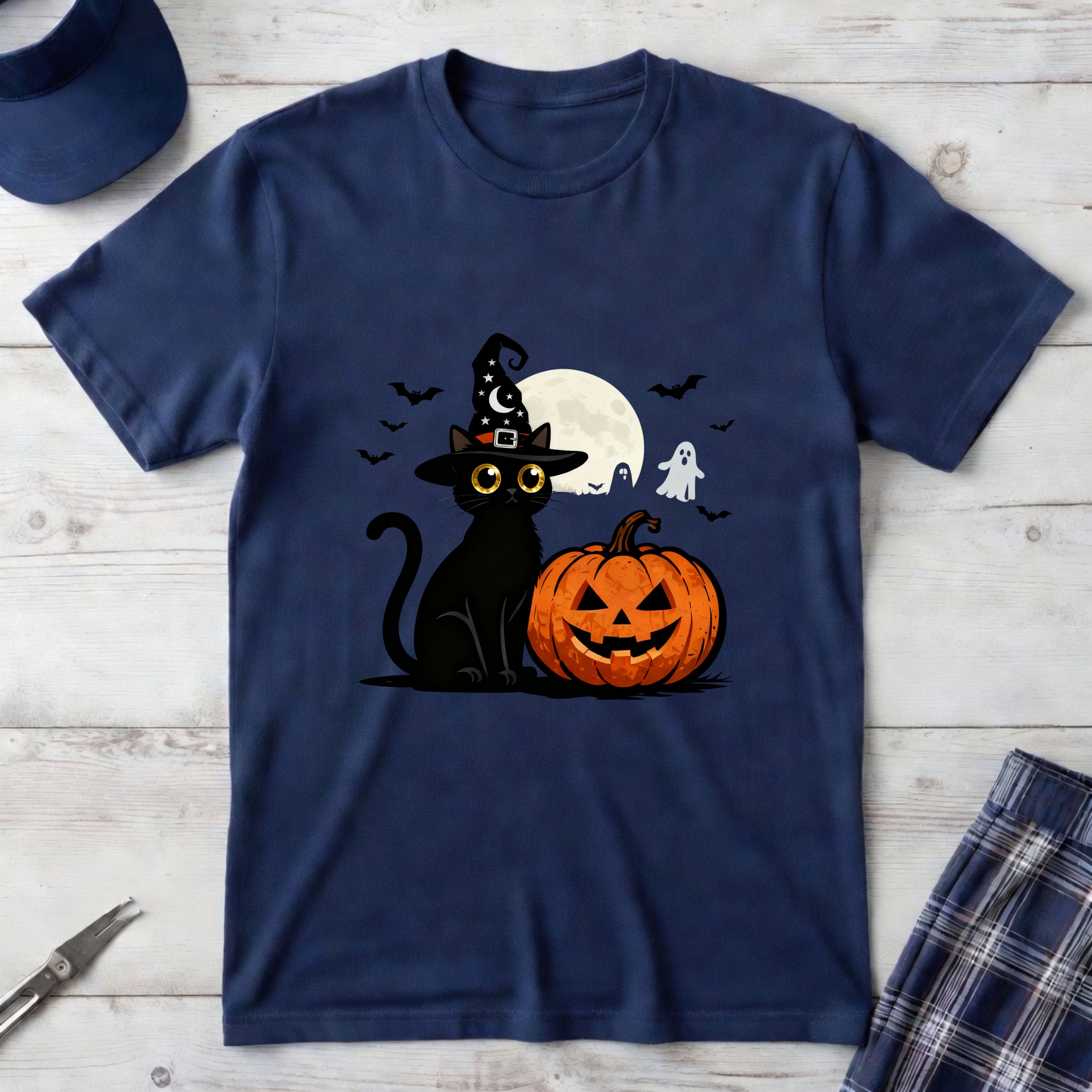 Halloween Black Cat T-Shirt — Cute Witch Hat Pumpkin Moon Design